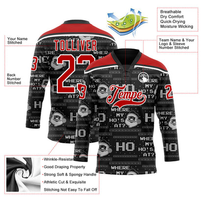 Custom Black Red-White Christmas Santa Claus 3D Hockey Lace Neck Jersey - Sky-Custom