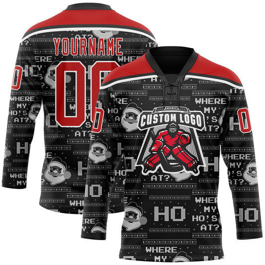 Custom Black Red-White Christmas Santa Claus 3D Hockey Lace Neck Jersey - Sky-Custom