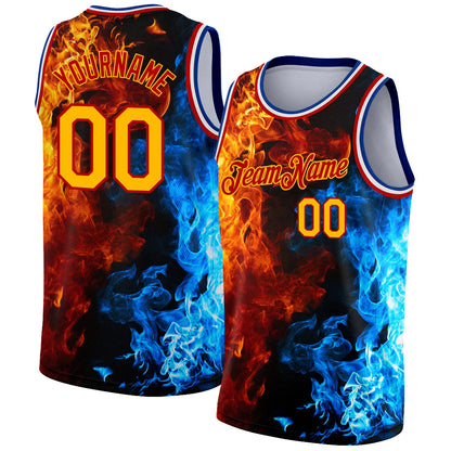 Custom Red Gold-Royal 3D Pattern Design Flame Authentic Basketball Jersey - Sky-Custom