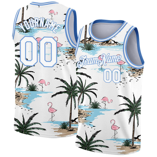 Custom White Light Blue 3D Pattern Tropical Hawaii Palm Trees Authentic Basketball Jersey - Sky-Custom