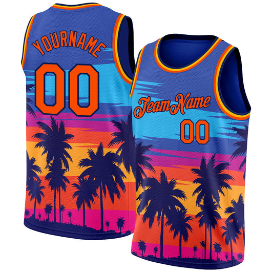 Custom Royal Orange-Navy 3D Pattern Tropical Hawaii Palm Trees Authentic Basketball Jersey - Sky-Custom