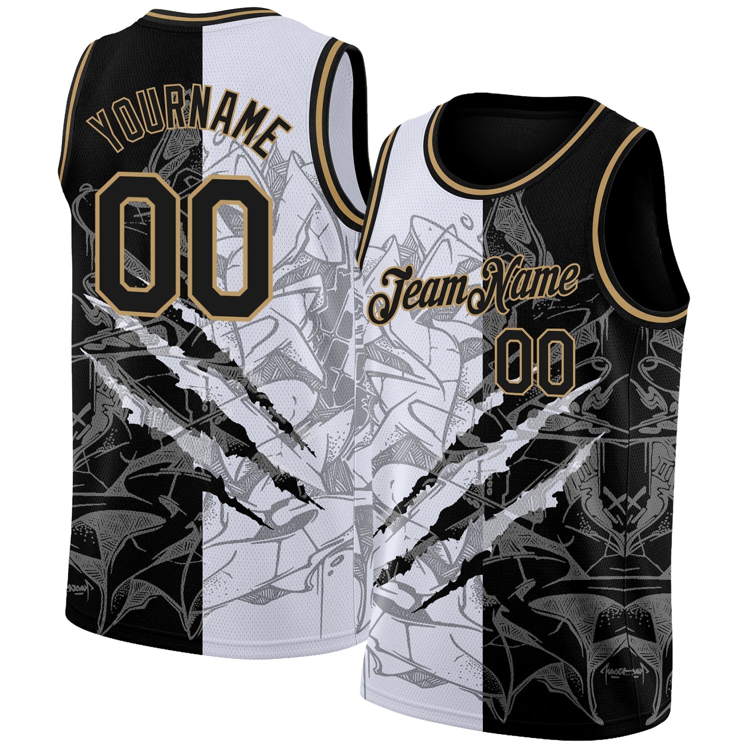 Custom Graffiti Pattern Black-Old Gold 3D Scratch Authentic Basketball Jersey - Sky-Custom