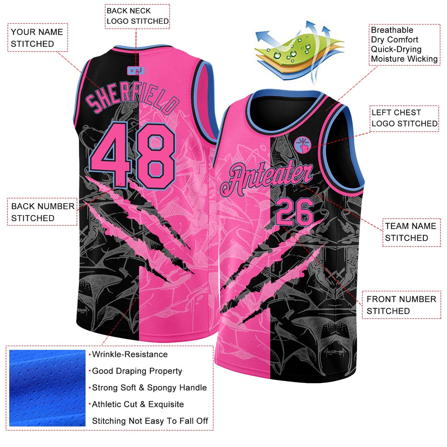 Custom Graffiti Pattern Pink Black-Light Blue 3D Scratch Authentic Basketball Jersey - Sky-Custom