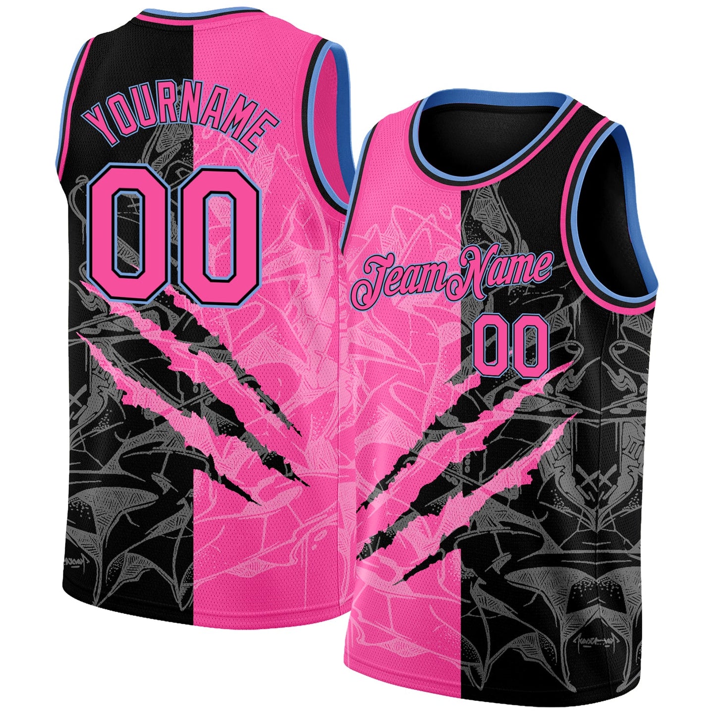 Custom Graffiti Pattern Pink Black-Light Blue 3D Scratch Authentic Basketball Jersey - Sky-Custom