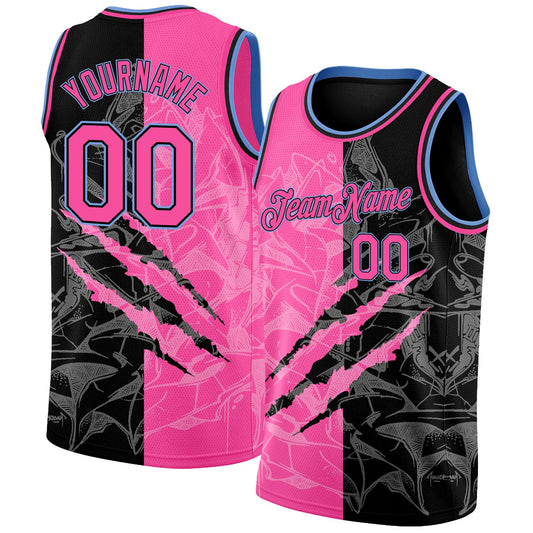Custom Graffiti Pattern Pink Black-Light Blue 3D Scratch Authentic Basketball Jersey - Sky-Custom