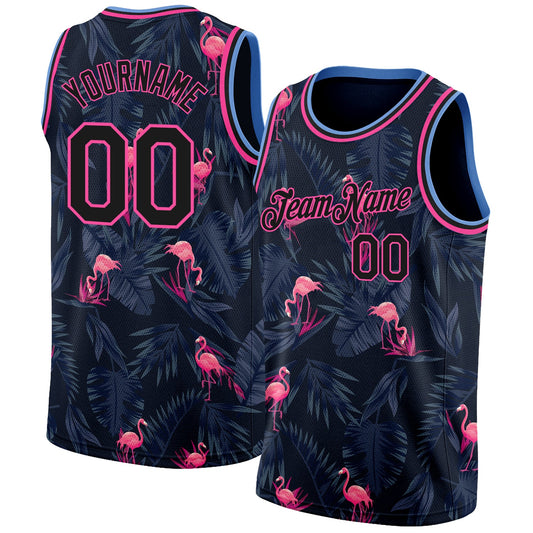 Custom Black Pink-Light Blue 3D Pattern Design Flamingo Authentic Basketball Jersey - Sky-Custom