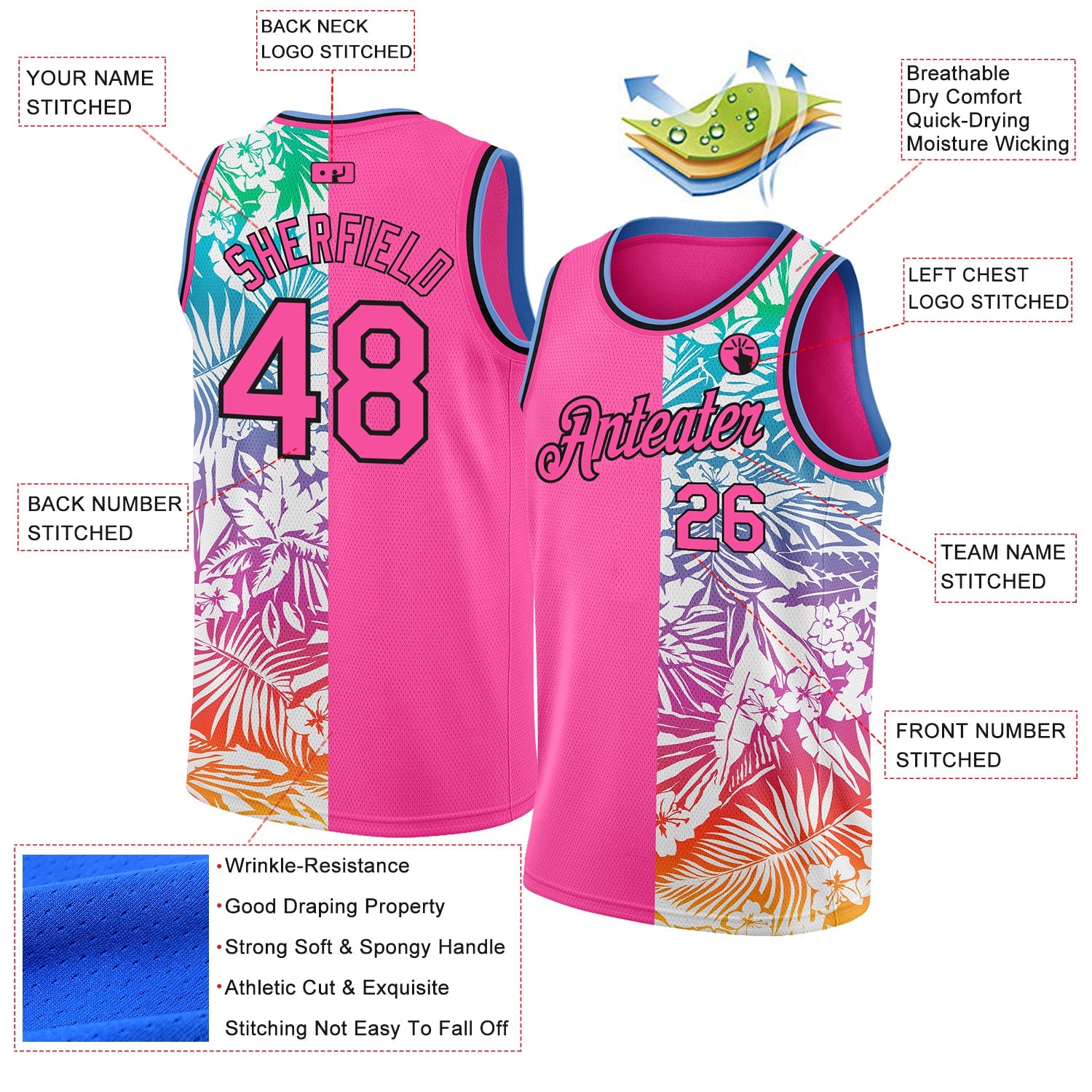 Custom Pink Black 3D PatternTropical Hawaii Palm Leaves Authentic Basketball Jersey - Sky-Custom