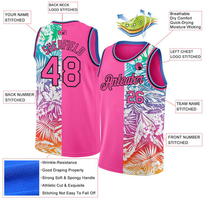 Custom Pink Black 3D PatternTropical Hawaii Palm Leaves Authentic Basketball Jersey - Sky-Custom