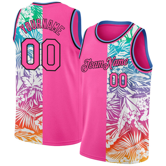 Custom Pink Black 3D PatternTropical Hawaii Palm Leaves Authentic Basketball Jersey - Sky-Custom