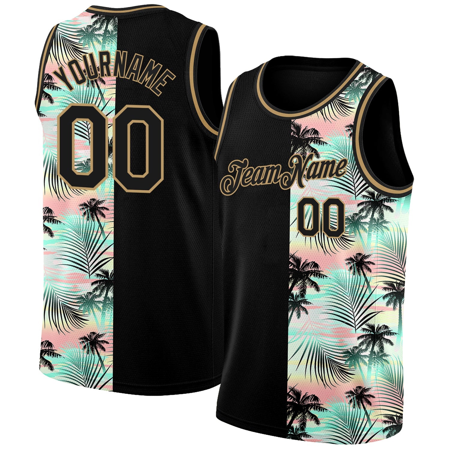 Custom Black Old Gold 3D Pattern Tropical Hawaii Palm Trees Authentic Basketball Jersey - Sky-Custom
