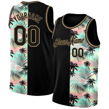 Custom Black Old Gold 3D Pattern Tropical Hawaii Palm Trees Authentic Basketball Jersey - Sky-Custom