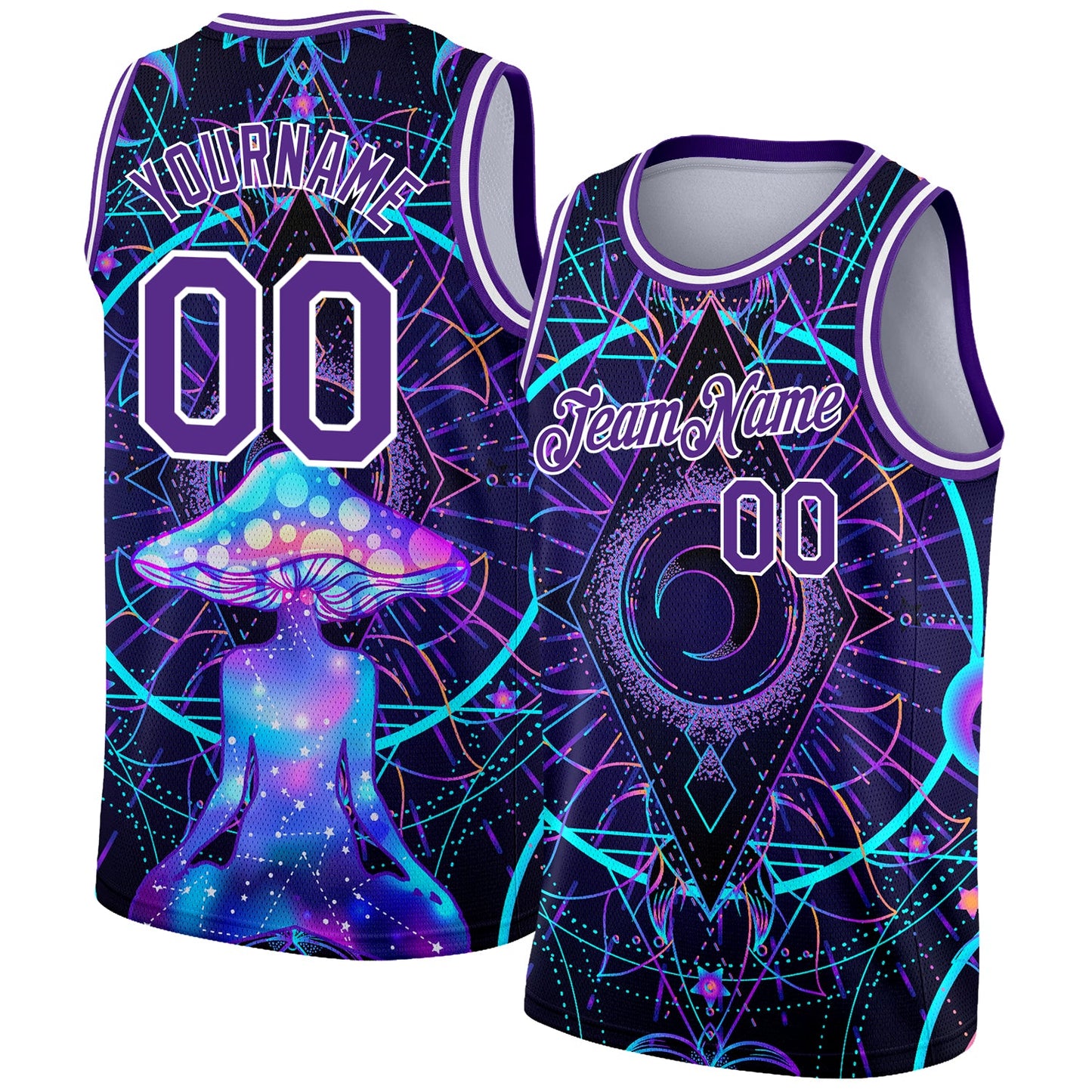 Custom Purple White 3D Pattern Design Magic Mushrooms Over Sacred Geometry Psychedelic Hallucination Authentic Basketball Jersey - Sky-Custom