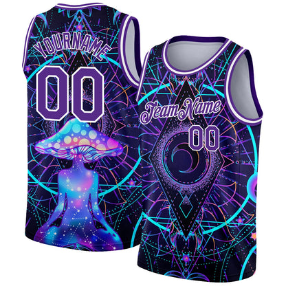 Custom Purple White 3D Pattern Design Magic Mushrooms Over Sacred Geometry Psychedelic Hallucination Authentic Basketball Jersey - Sky-Custom