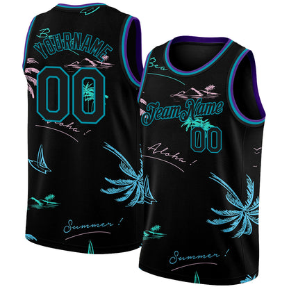 Custom Black Teal 3D Pattern Tropical Hawaii Palm Trees Authentic Basketball Jersey - Sky-Custom