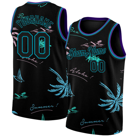 Custom Black Teal 3D Pattern Tropical Hawaii Palm Trees Authentic Basketball Jersey - Sky-Custom