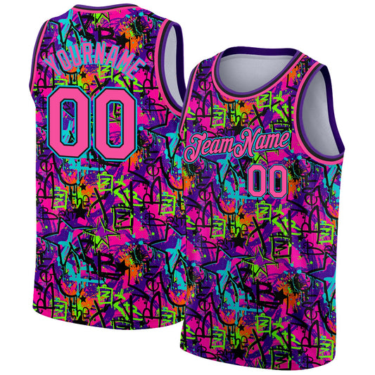 Custom Graffiti Pattern Pink Black-Lakes Blue 3D Grunge Art Authentic Basketball Jersey - Sky-Custom
