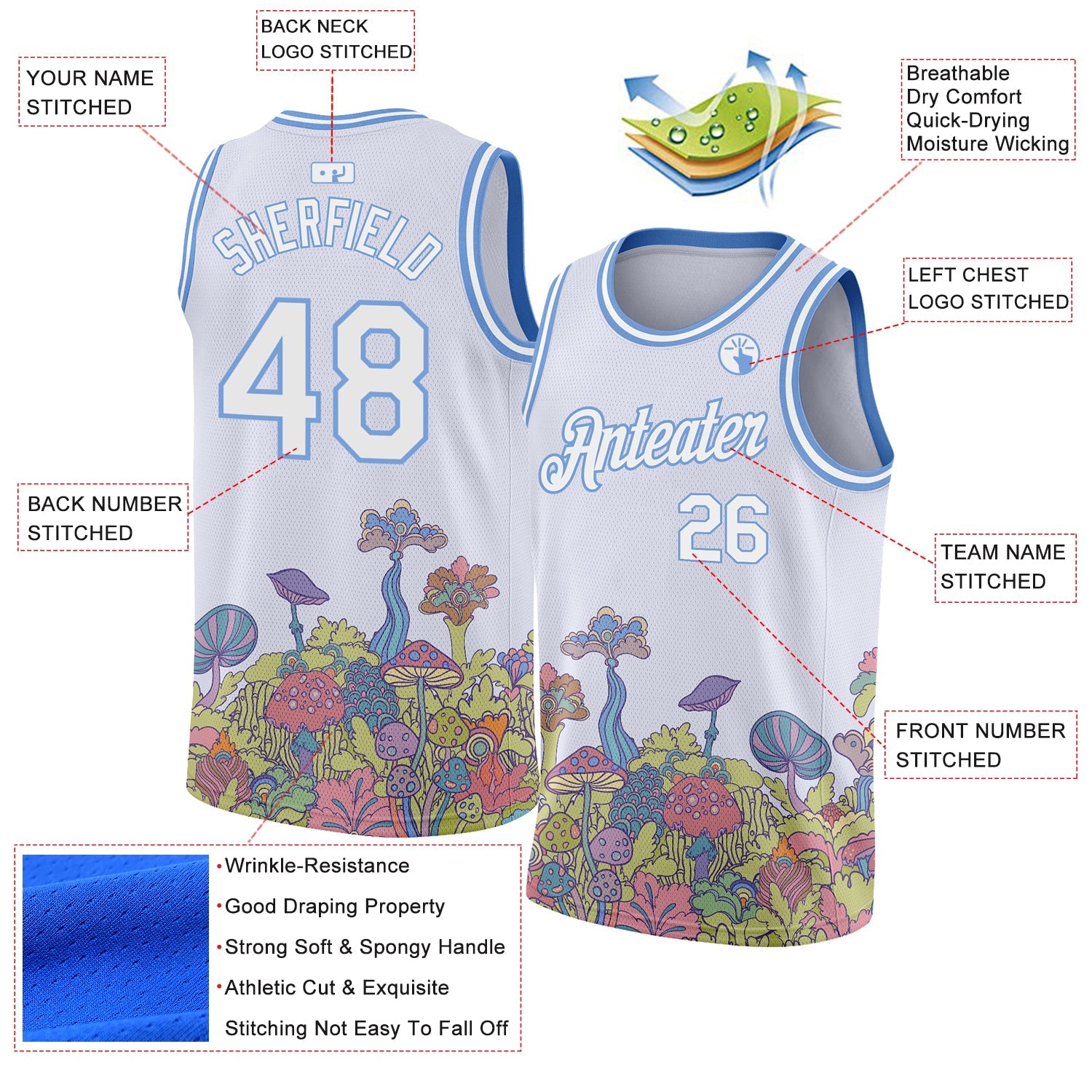 Custom White Light Blue 3D Pattern Design Colorful Flowers And Mushrooms Psychedelic Hallucination Authentic Basketball Jersey - Sky-Custom