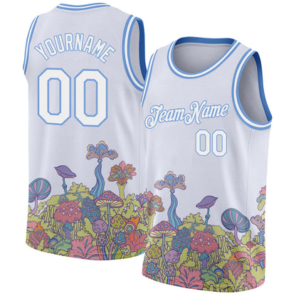 Custom White Light Blue 3D Pattern Design Colorful Flowers And Mushrooms Psychedelic Hallucination Authentic Basketball Jersey - Sky-Custom