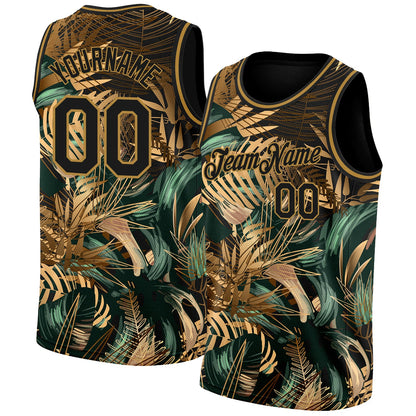 Custom Black Old Gold 3D Pattern Tropical Hawaii Palm Leaves Authentic Basketball Jersey - Sky-Custom