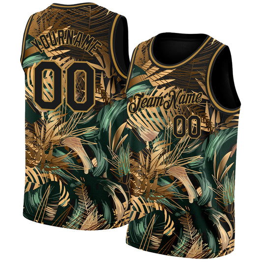 Custom Black Old Gold 3D Pattern Tropical Hawaii Palm Leaves Authentic Basketball Jersey - Sky-Custom