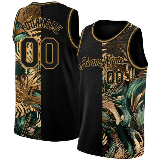 Custom Black Old Gold 3D Pattern Tropical Hawaii Palm Leaves Authentic Basketball Jersey - Sky-Custom