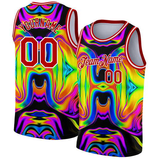 Custom Black Red-White 3D Pattern Design Abstract Iridescent Psychedelic Swirl Fluid Art Authentic Basketball Jersey - Sky-Custom