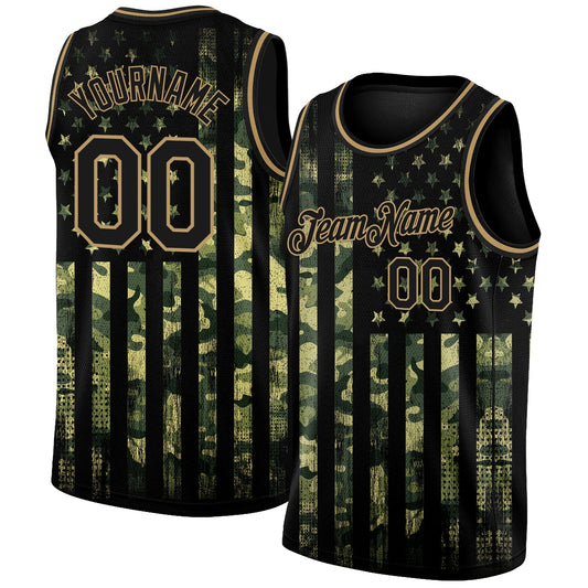 Custom Camo Black-Old Gold 3D American Flag Fashion Authentic Salute To Service Basketball Jersey - Sky-Custom