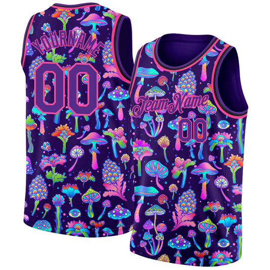 Custom Purple Pink 3D Pattern Design Flowers And Mushrooms Psychedelic Hallucination Authentic Basketball Jersey - Sky-Custom