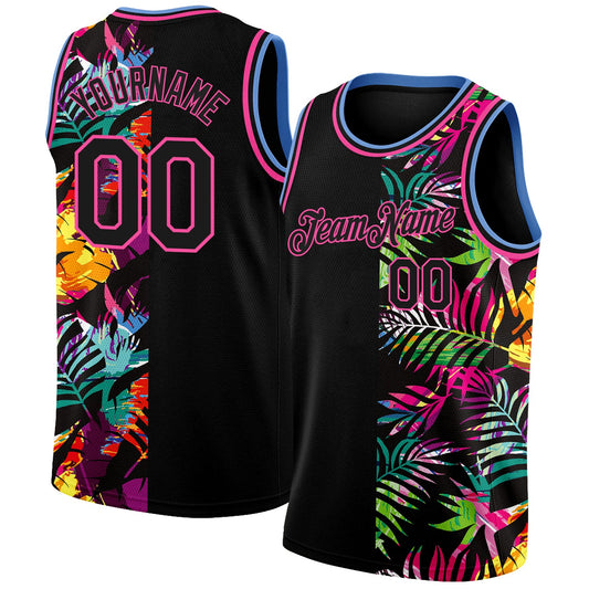 Custom Black Pink-Light Blue 3D Pattern Tropical Hawaii Palm Leaves Authentic Basketball Jersey - Sky-Custom