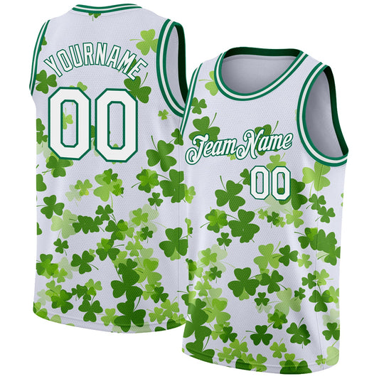 Custom White Kelly Green 3D Pattern Design St. Patrick's Day Authentic Basketball Jersey - Sky-Custom