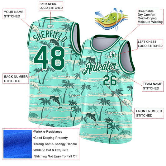 Custom Teal Kelly Green-White 3D Pattern Tropical Hawaii Palm Trees Authentic Basketball Jersey - Sky-Custom