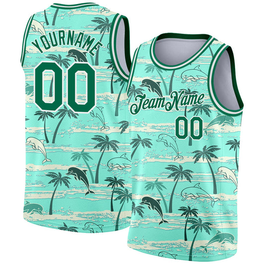 Custom Teal Kelly Green-White 3D Pattern Tropical Hawaii Palm Trees Authentic Basketball Jersey - Sky-Custom