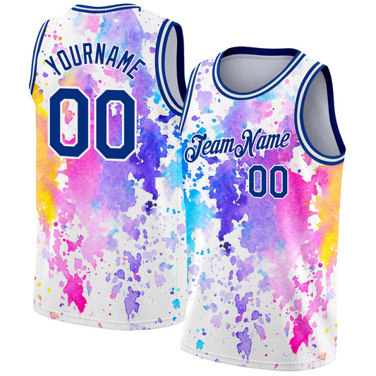 Custom White Royal 3D Pattern Design Watercolor Splash Authentic Basketball Jersey - Sky-Custom