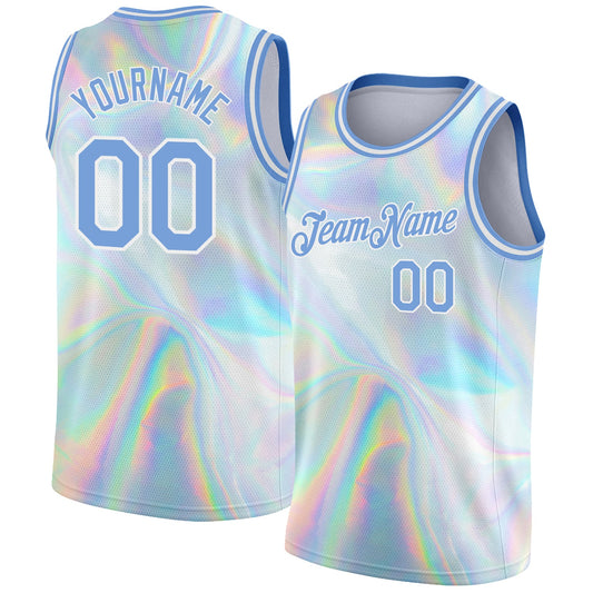 Custom White Light Blue 3D Pattern Design Abstract Trendy Holographic Vaporwave Style Authentic Basketball Jersey - Sky-Custom