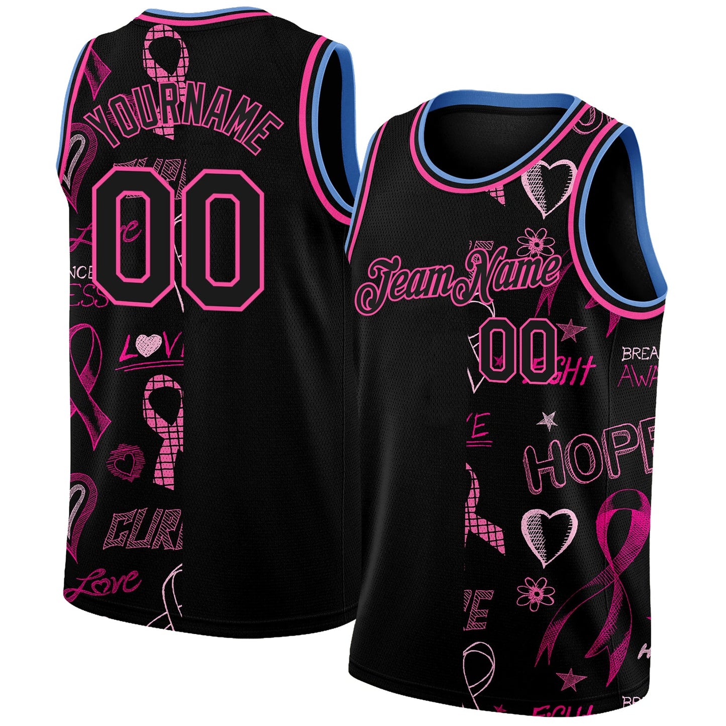 Custom Black Pink-Light Blue 3D Pattern Design Pink Ribbon Breast Cancer Awareness Month Women Health Care Support Authentic Basketball Jersey - Sky-Custom