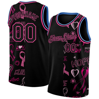 Custom Black Pink-Light Blue 3D Pattern Design Pink Ribbon Breast Cancer Awareness Month Women Health Care Support Authentic Basketball Jersey - Sky-Custom