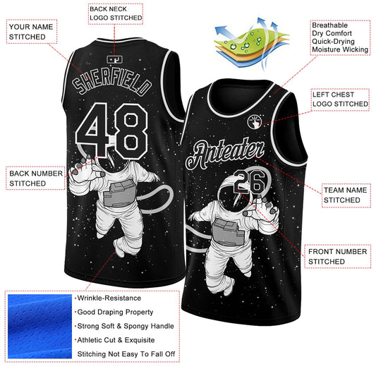 Custom Black White 3D Pattern Design Astronaut Authentic Basketball Jersey - Sky-Custom