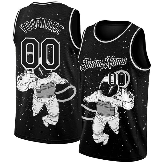Custom Black White 3D Pattern Design Astronaut Authentic Basketball Jersey - Sky-Custom