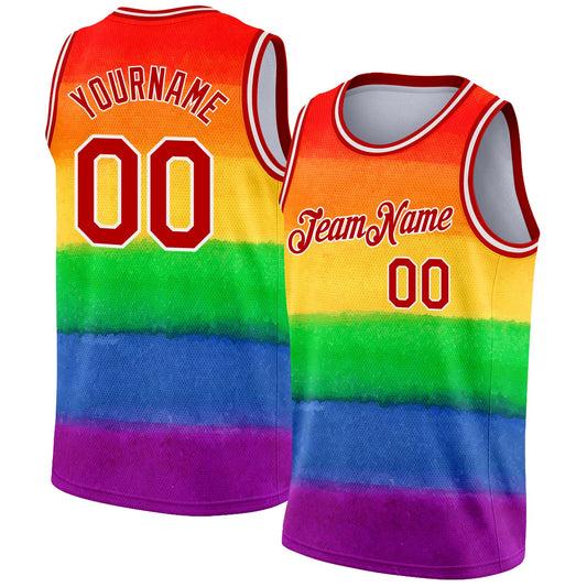 Custom Red White 3D Pattern Design Rainbow For Pride Month Love Is Love LGBT Authentic Basketball Jersey - Sky-Custom
