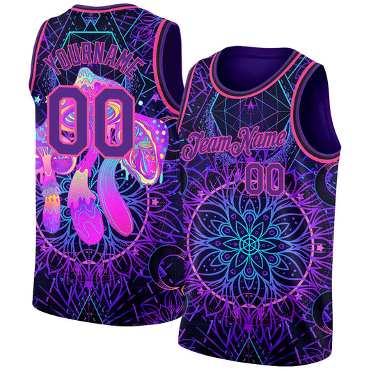 Custom Purple Pink 3D Pattern Design Magic Mushrooms Over Sacred Geometry Psychedelic Hallucination Authentic Basketball Jersey - Sky-Custom