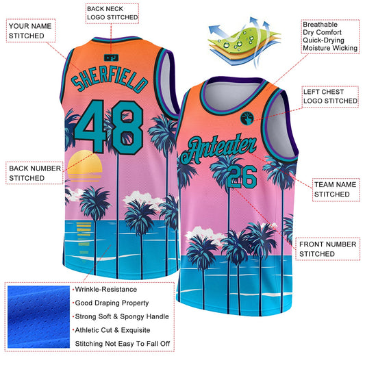 Custom Orange Teal-Black 3D Pattern Sun Beach Hawaii Palm Trees Authentic Basketball Jersey - Sky-Custom