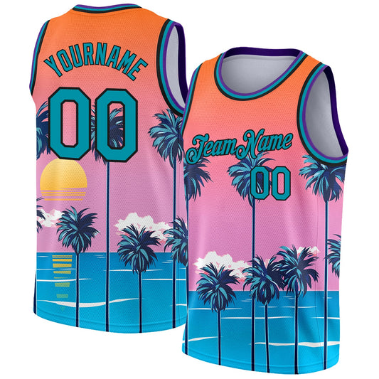 Custom Orange Teal-Black 3D Pattern Sun Beach Hawaii Palm Trees Authentic Basketball Jersey - Sky-Custom