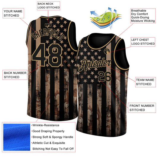 Custom Camo Black-Old Gold 3D American Flag Fashion Authentic Salute To Service Basketball Jersey - Sky-Custom