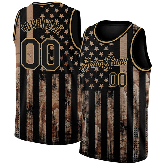 Custom Camo Black-Old Gold 3D American Flag Fashion Authentic Salute To Service Basketball Jersey - Sky-Custom