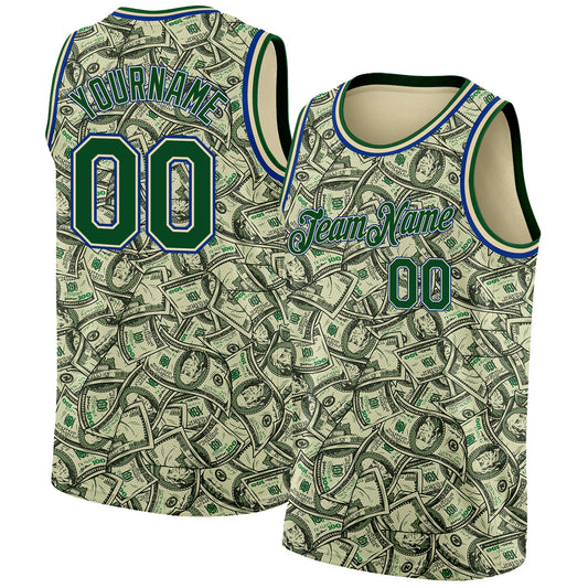 Custom Cream Green-Royal 3D Pattern Design Dollar Authentic Basketball Jersey - Sky-Custom