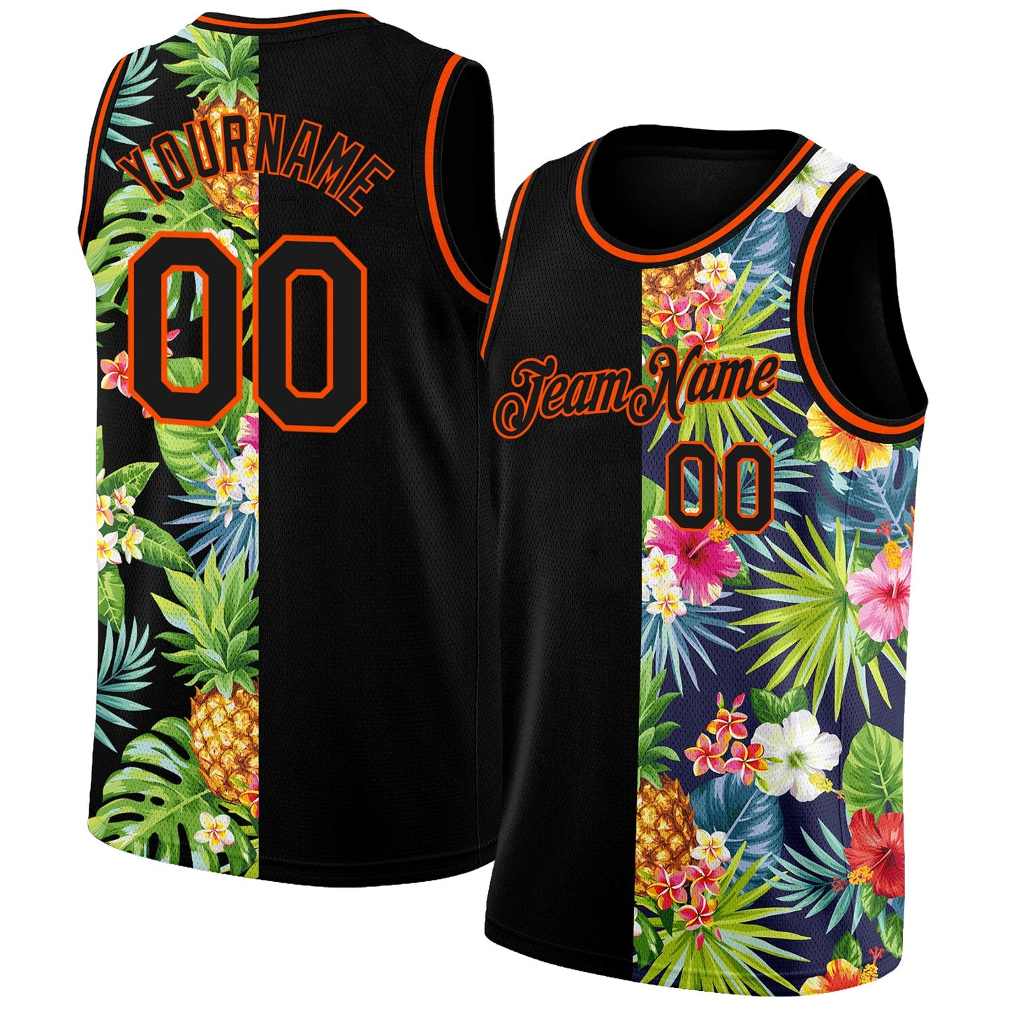 Custom Black Orange 3D Pattern Tropical Pineapples Hawaii Palm Leaves And Flowers Authentic Basketball Jersey - Sky-Custom