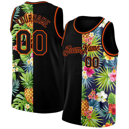Custom Black Orange 3D Pattern Tropical Pineapples Hawaii Palm Leaves And Flowers Authentic Basketball Jersey - Sky-Custom
