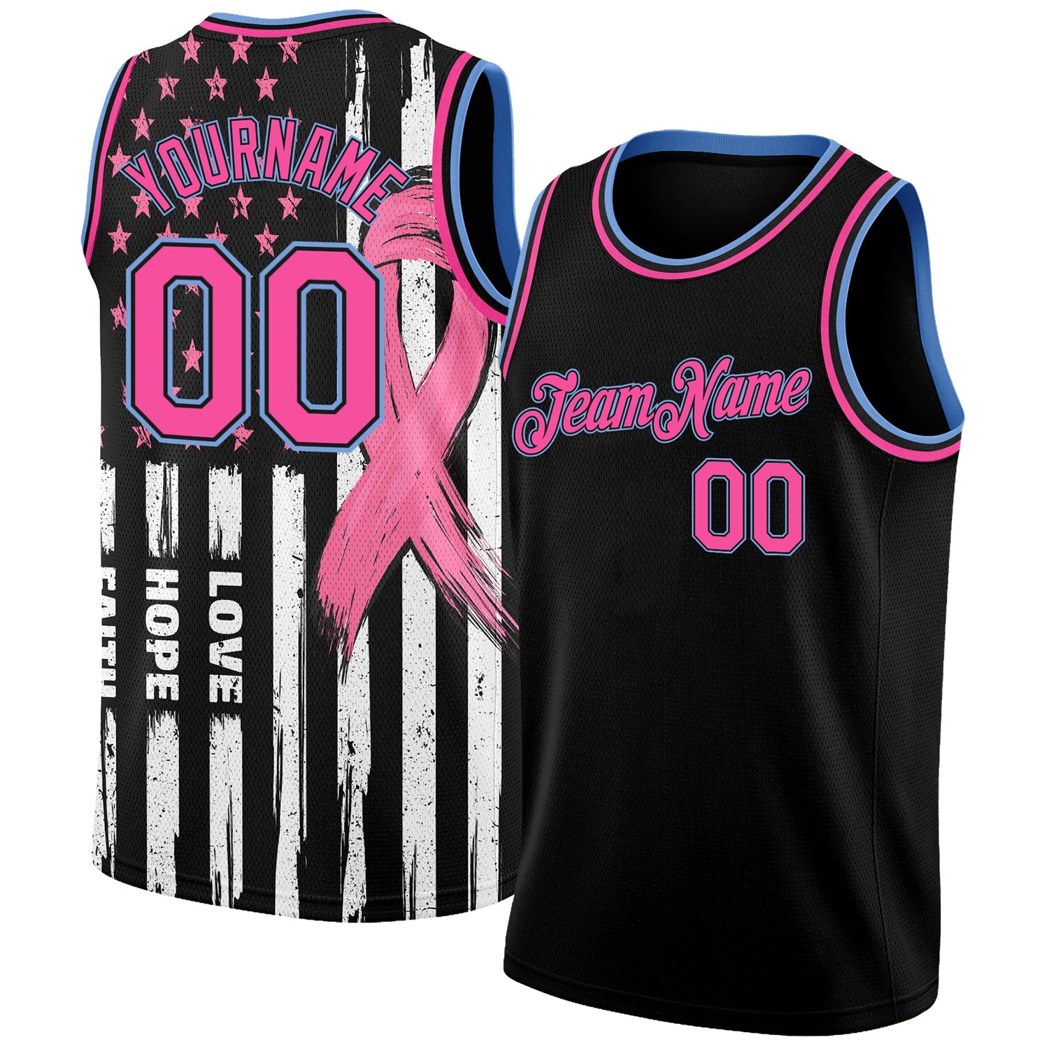 Custom Black Pink-Light Blue 3D American Flag Fashion With Pink Ribbon Breast Cancer Awareness Month Women Health Care Support Authentic Basketball Jersey - Sky-Custom