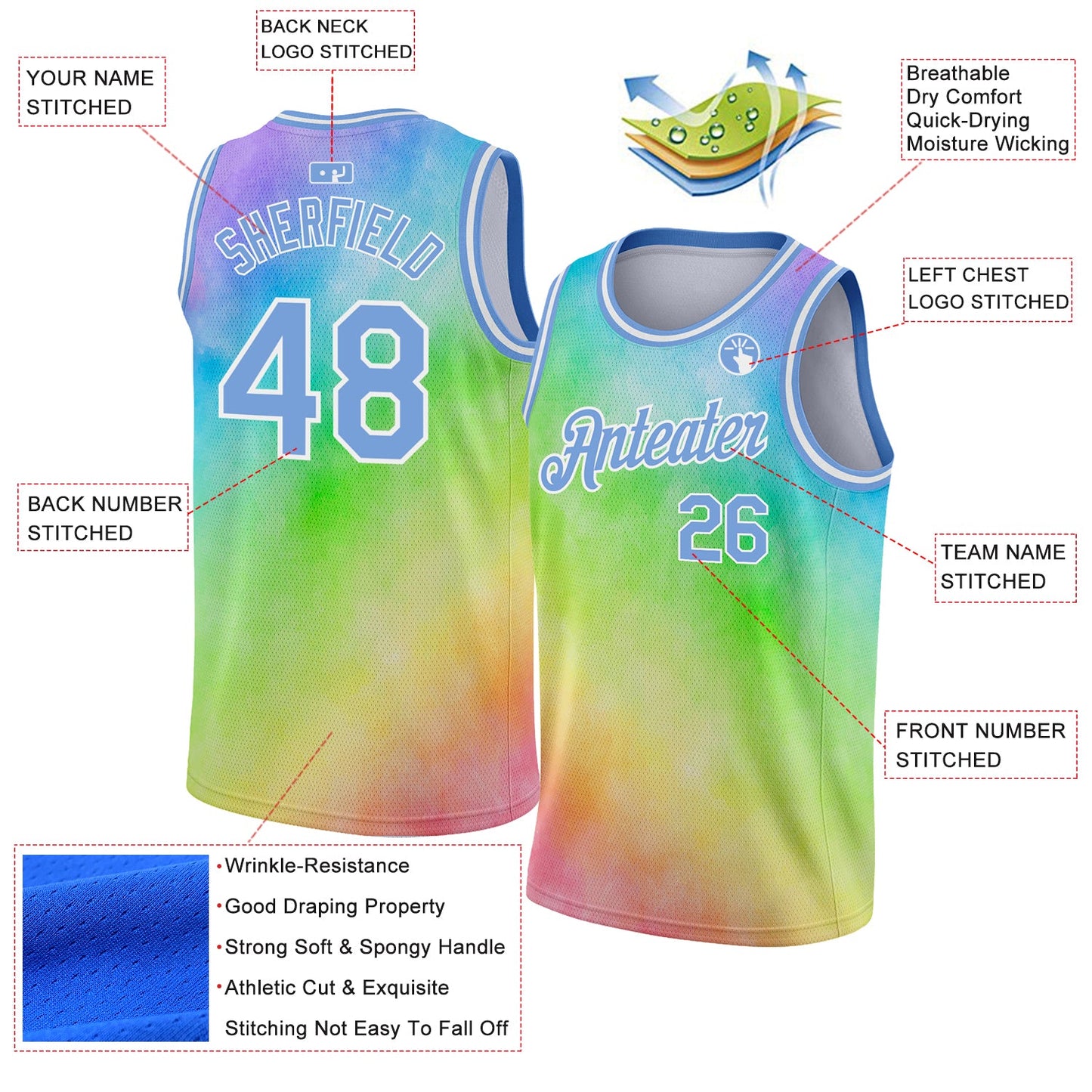 Custom Tie Dye Light Blue-White 3D Rainbow Authentic Basketball Jersey - Sky-Custom