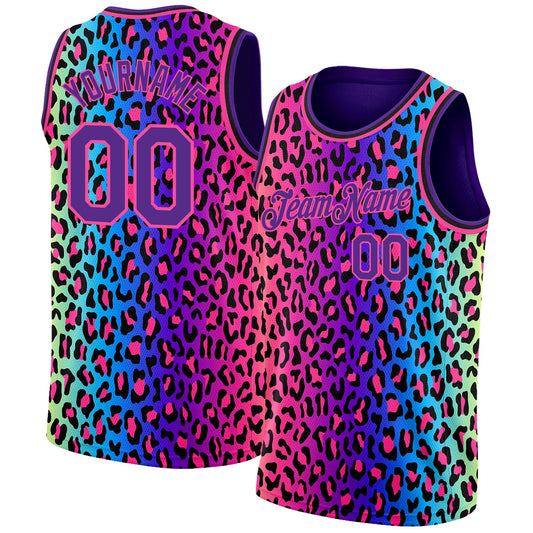 Custom Purple Pink-Black 3D Pattern Design Leopard Print Authentic Basketball Jersey - Sky-Custom
